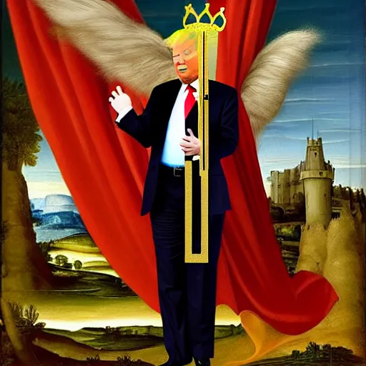 Image similar to full - body - front - shot, donald trump, knight'armor, crown, renaissance painting of a knight,