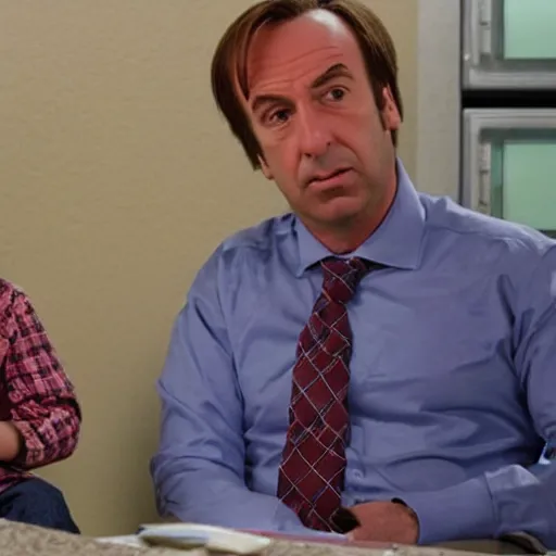 Image similar to saul goodman with down syndrome on the set of better call saul