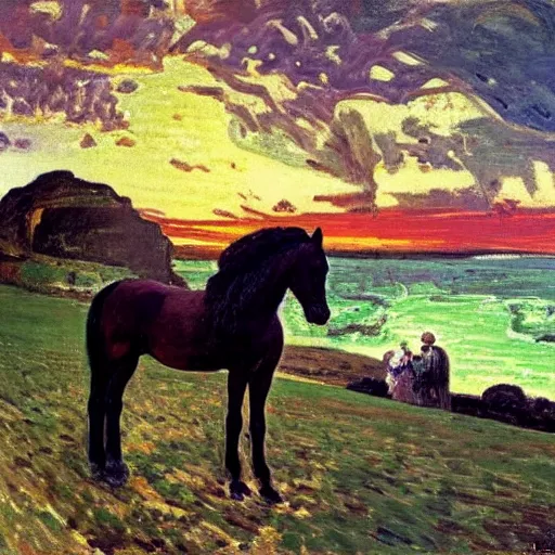 Prompt: a horse made out of emeralds with fiery eyes standing on a cliff in a turbulent hellscape!!! at sunset, retrowave!, by alfred munnings!! and h.r. giger, oil on canvas, 8k hd