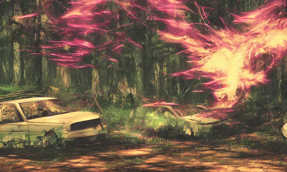 Image similar to a car exploding in a forest, anime style, highly detailed