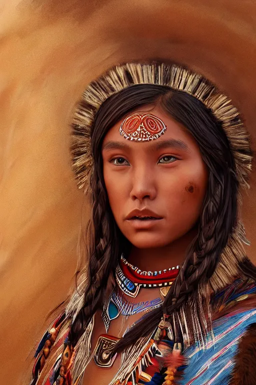 Prompt: beautiful young Navajo woman in a Navaho outfit, close-up portrait, intricate, high resolution, cinematic lighting, scenery, digital painting, highly detailed, artstation, sharp focus, illustration, concept art, ruan jia, steve mccurry and Irakli Nadar