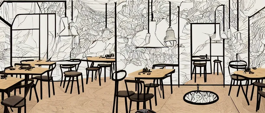 Prompt: a beautiful interior view illustration of a small roasted string hotpot restaurant of baota mountain in yan'an city, restaurant wall paper is tower and mountain, rectangle white porcelain table, black chair, animation illustrative style, from china, simple style structure decoration design, victo ngai, james jean, 4 k hd