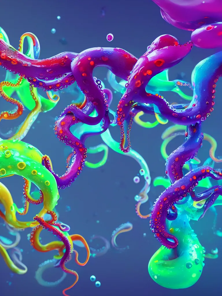 Image similar to colorful liquid octopus tentacles, beeple, octane render, hyper detailed painting, particles, bubbles