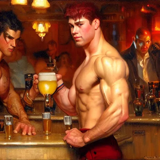 Prompt: attractive muscular mike wearing pants with dark red hair with muscular attractive tyler with brunet hair, wearing pants drinking their hearts out, in a pub. very defined and highly detailed painting by gaston bussiere, j. c. leyendecker, craig mullins 8 k