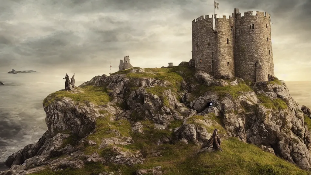 Image similar to fifteenth century medieval warriors in a coastline cliff landscape, background castle, perspective, folklore, King Arthur, Lord of the Rings, Game of Thrones. Photographic, Photography, photorealistic, concept art, Artstation trending , cinematic lighting, cinematic composition, rule of thirds , ultra-detailed, dusk sky , low contrast, natural lighting, fog, realistic, light fogged, detailed, atmosphere hyperrealistic , volumetric light, ultra photoreal, Matte painting, movie concept art, hyper-detailed, insanely detailed, corona render, octane render, 4k