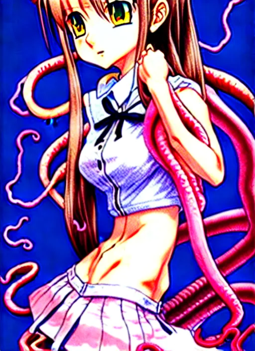 Prompt: a delinquent female student Aerith Gainsborough is being embraced by a tentacle demon she befriended. beautiful shadowing, intricate ink strokes, illustrated completely, 8k beautifully detailed ink illustration, extremely hyper-detailed pencil illustration, intricate, epic composition, perfectly composed curves, very very kawaii, masterpiece. stunning masterfully illustrated by Artgerm and Range Murata.