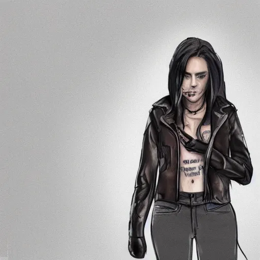 Image similar to Hot young woman with grey skin, tattoos, wearing a leather jacket, opening her armsa and asking for a hug concept art