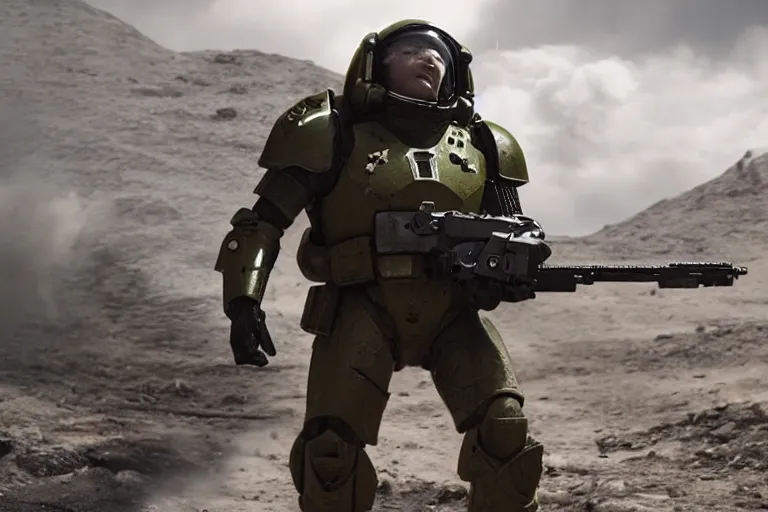 Image similar to VFX movie of a futuristic spacemarine in war zone, shooting gun natural lighting by Emmanuel Lubezki