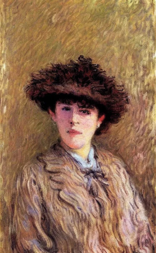 Image similar to claude monet! portrait, lady!! looking at us! brown fuzzy hair!