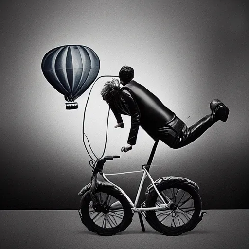 Image similar to “man using a tiny bike pump to inflate an extremely large hot air balloon, highly detailed, dramatic lighting, Tim Burton, Alex Pardee, James McDermott, cgsociety 4K”