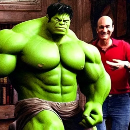 Image similar to the hulk hanging out with harry potter, realistic,