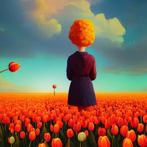 Image similar to girl with a giant tulip head, surreal photography, flower field, sunset dramatic light, impressionist painting, colorful clouds, blue sky, digital painting, artstation, simon stalenhag