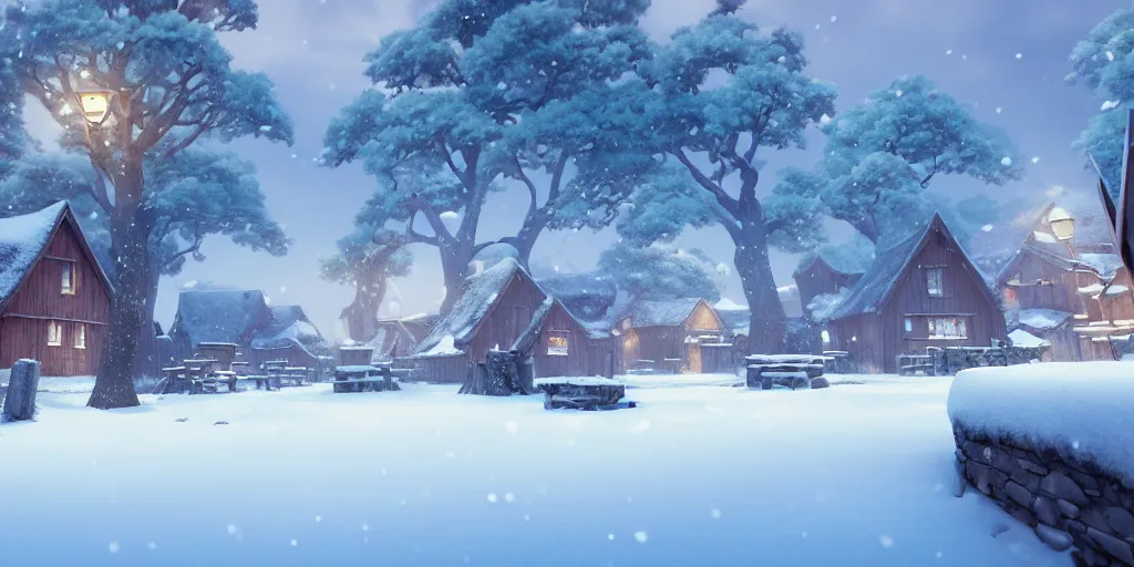 Prompt: a wholesome animation key shot of a lovely ancient viking village in the snow by studio ghibli, animation, sharp, rendered in unreal engine 5, focused, anime key art by greg hildebrant, bloom, dramatic lighting