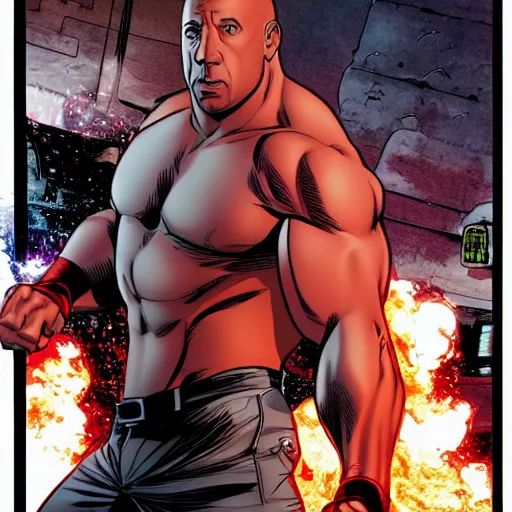 Image similar to Vin Diesel as a comic book hero fighting off evil,, 4k, comic book cover