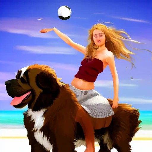 Prompt: girl riding a giant saint Bernard at the beach playing fetch, trending on artstation