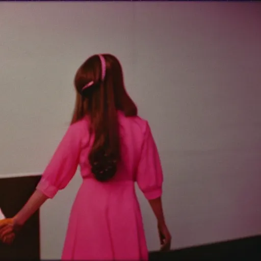Prompt: teenage girl holds hands with inflatable toy boyfriend at high school, 1978 color Fellini film, in school hallway, dirty walls, archival footage, technicolor film, 16mm, live action, John Waters