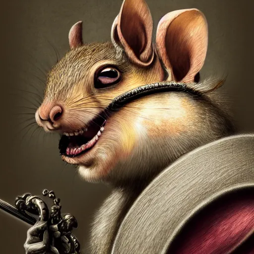 Prompt: detailed baroque portrait of a grotesque squirrel in a Japanese helmet and with katana, realistic creature concept, gazing eyes, beautiful eyes medium shot, elegant pose, fantasy, illustration, artstation, cinematic lighting, hyperdetailed, cgsociety, 8k Resolution, high resolution, Charlie Bowater, Tom Bagshaw, Tom Richmond, single face, insanely detailed and intricate, beautiful, elegant, golden ratio