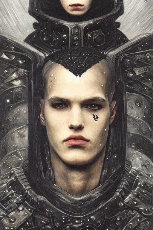 Image similar to portrait of beautiful gothic and futuristic young man, warcraft, cyber and rocks armor, a lot of more and more scars, thunderstorm, black with white head, the middle ages, highly detailed, artstation, illustration, more and more composision, 8 k quality, art by jean delville, rene magritte