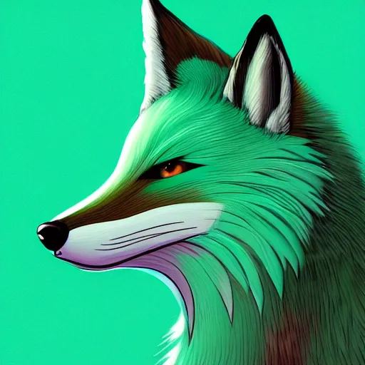 Prompt: digital minty green fox, retrowave palette, digital world, highly detailed, electric breeze, anatomically correct vulpine, synth feel, fluffy face, ear floof, flowing fur, super realism, accurate animal imagery, 4 k digital art