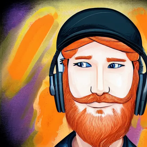 Prompt: middle aged streamer on twitch with black hat, stubble, ginger hair, orange hair, black cap, stubbles, red headphones, in the style of jeremiah ketner, art