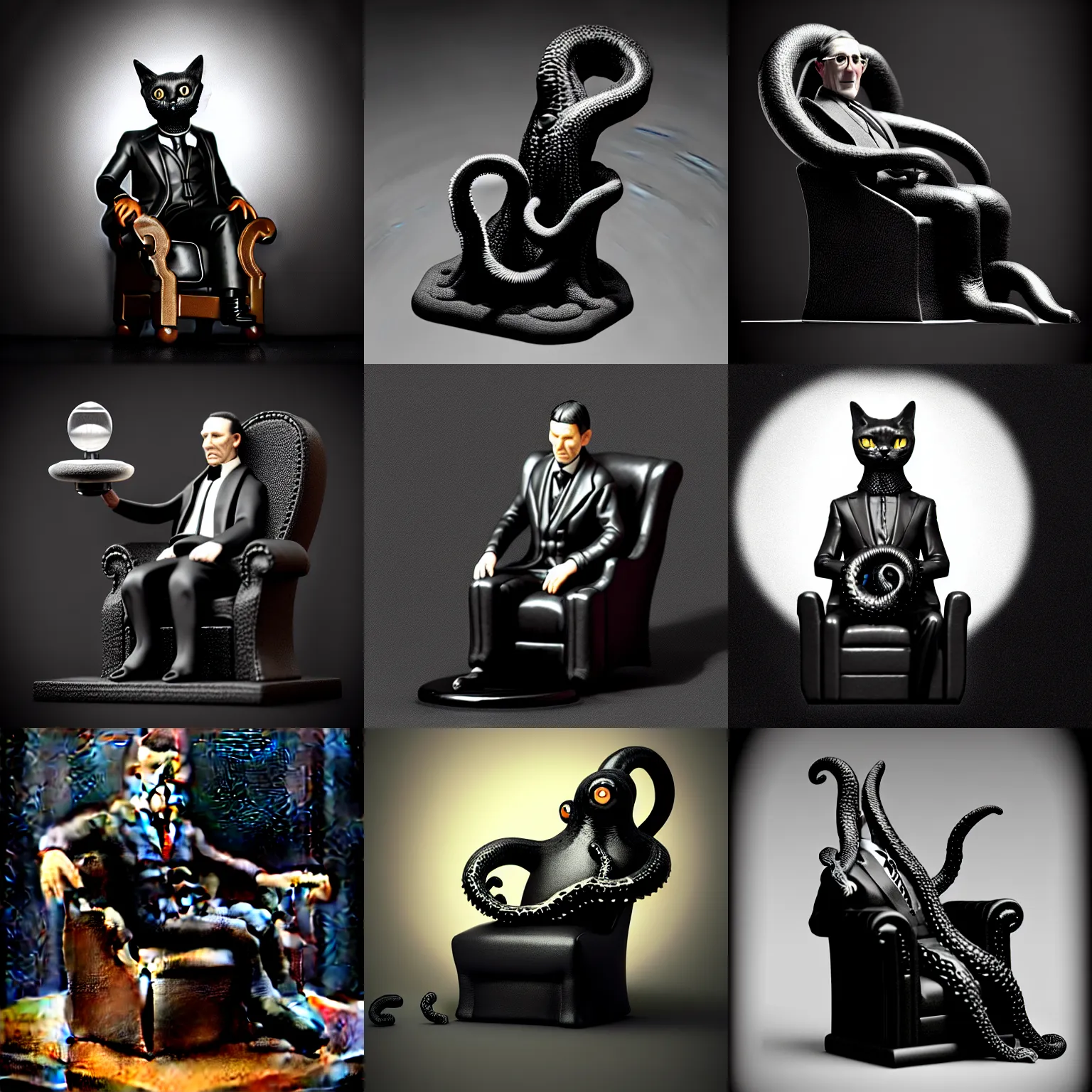 Prompt: isometric view black resin miniature - howard phillips lovecraft petting cat on his lap, formal suit, tall leather armchair, big tentacle with suction cups as round base minature, black background, octane render, backlight, macroshot, grayscale by greg rutkowski, highly detailed intricate matte sharp focus digital painting artstation pixiv