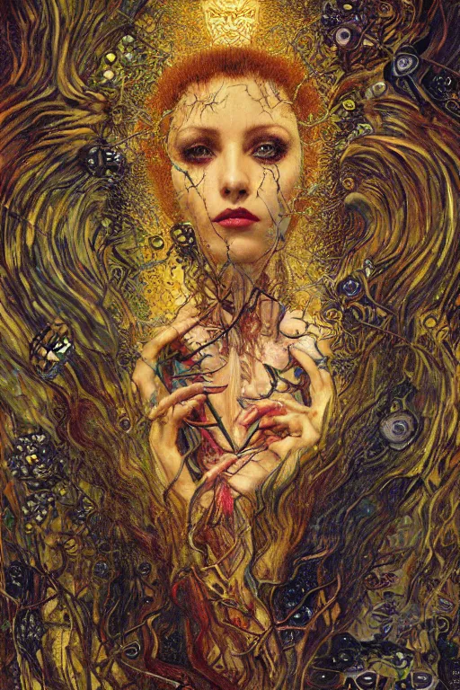 Image similar to Heart of Thorns by Karol Bak, Jean Deville, Gustav Klimt, and Vincent Van Gogh, Surreality, otherworldly, enigma, Helliquary, fractal structures, celestial, arcane, ornate gilded medieval icon, third eye, spirals, rich deep moody colors