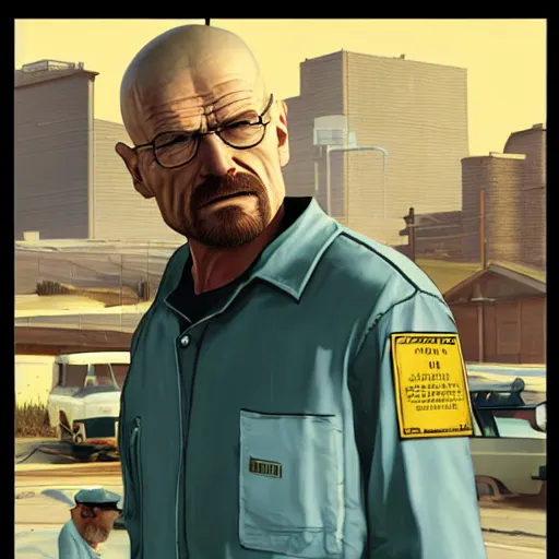 Prompt: walter white in gta v, cover art by stephen bliss, artstation, no text