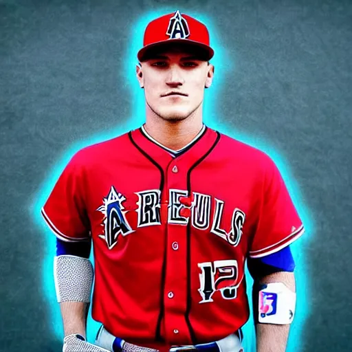 Image similar to “a realistic photo of a guy who is an attractive baseball player man who is half robot and half humanoid, who is a robot, Mike Trout, shiny skin, blue eyes”