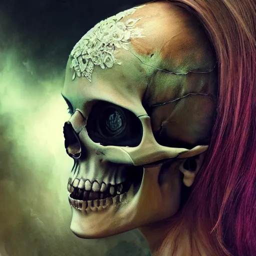 Image similar to full body pose, hyperrealistic mixed media painting of beautiful skull woman, dim volumetric lighting, 8 k, octane beautifully detailed render, extremely hyper detailed, intricate, epic composition, cinematic lighting, masterpiece, trending on artstation, very very detailed, masterpiece, stunning, hdr, smooth, sharp focus, high resolution, award, winning photo, dslr, 5 0 mm