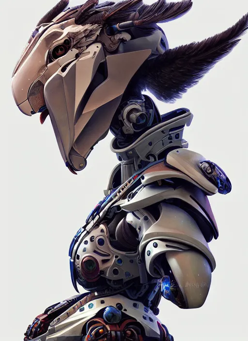 Image similar to symmetry!! portrait of a hybrid robot eagle sitting on the shoulder, floral! horizon zero dawn machine, intricate, elegant, highly detailed, ray tracing, digital painting, artstation, concept art, smooth, sharp focus, illustration, art by artgerm and greg rutkowski and alphonse mucha, 8 k