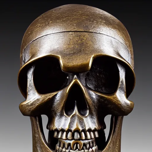 Image similar to skull with a samurai hat old bronze statue, intricate detail, full shot, museum lighting