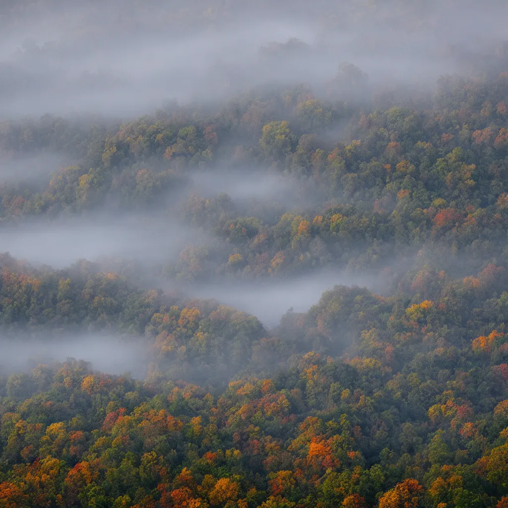 Prompt: blue ridge mountains on a misty october evening : : hd, 8 k, deep focus, intricate lines, substance 3 d, quixel megascans, gallery lighting