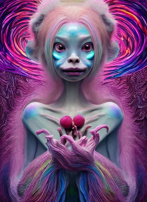 Image similar to hyper detailed 3d render like a Oil painting - kawaii portrait Aurora (a skeksi from dark crystal that looks slightly like an evil Anya Taylor-Joy) seen Eating of the Strangling network of yellowcake aerochrome and milky Fruit and His delicate Hands hold of gossamer polyp blossoms bring iridescent fungal flowers whose spores black the foolish stars by Jacek Yerka, Ilya Kuvshinov, Mariusz Lewandowski, Houdini algorithmic generative render, Abstract brush strokes, Masterpiece, Edward Hopper and James Gilleard, Zdzislaw Beksinski, Mark Ryden, Wolfgang Lettl, hints of Yayoi Kasuma, octane render, 8k