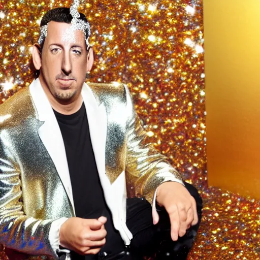 Image similar to Adam Sandler with silver-violet hair, white eyes and golden glittery dress, wide lens, diorama, 4k,