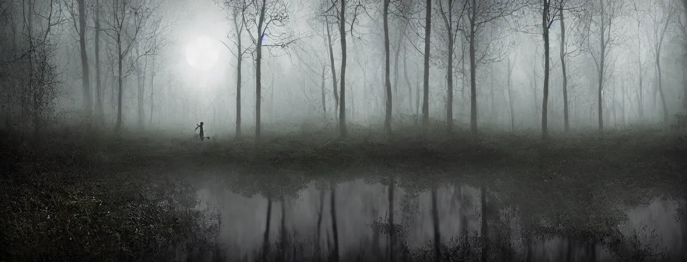 Prompt: portrait of man's terrified face, reflections in his eyes of wet forest, with menacing alien intruder, moonlight, horror atmosphere, postapo, dystopia style, heavy rain, reflections, high detail, horror dramatic moment, motion blur, dense ground fog, dark atmosphere, saturated colors, by darek zabrocki, render in unreal engine - h 7 0 4