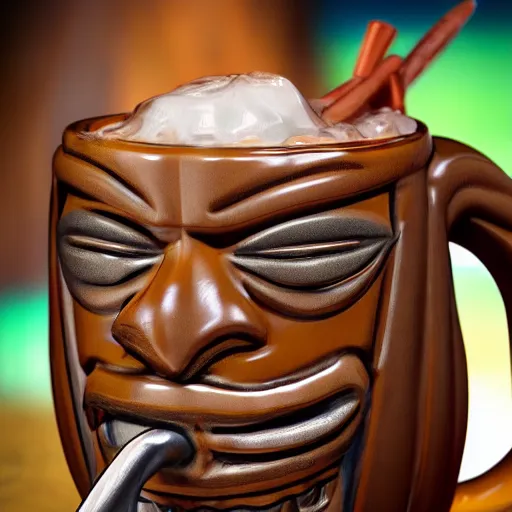 Prompt: a photorealistic photograph of a Trader Vic's tiki mug featuring Snoop Dogg at a Tiki bar - Trending on Artstation, featured on Behance, well-rendered, Unreal Engine, 4K HD