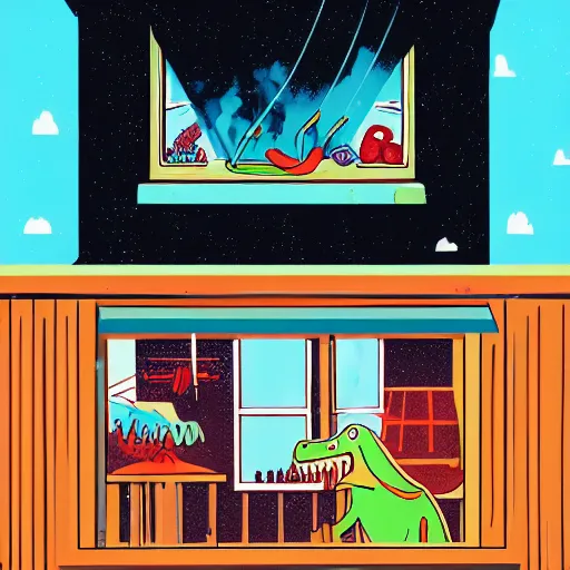 Prompt: an illustration of a delicious 🌈 dinosaur barbecuing waffles, chewing gum window drapes, outside is the noir future, 1 6 : 9, screen print illustration