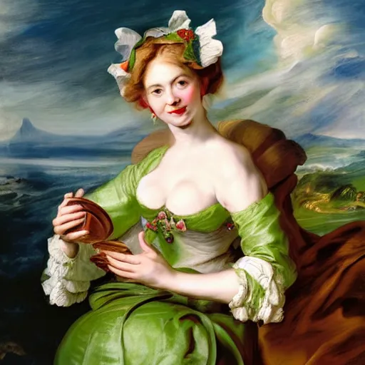 Image similar to heavenly summer sharp land sphere scallop well dressed lady holding a green paper coffee cup, auslese, by peter paul rubens and eugene delacroix and karol bak, hyperrealism, digital illustration, fauvist, green paper coffee cup