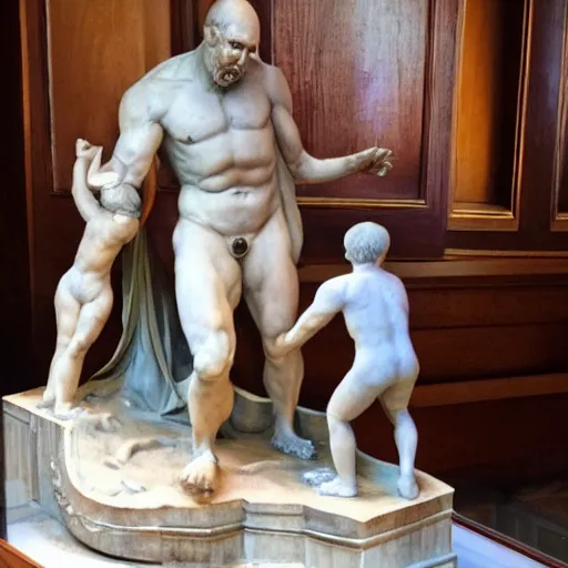 Prompt: statue of Saturno devorando a su hijo, sculpted by HR Geiger, Geiger art, extremely detailed, background is a low light museum, 4k