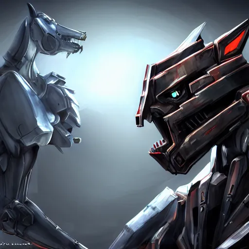 Prompt: cinematic shot, vorestation borg hound, medical mecha hound, taller than man, sharp armor, mecha maw, mawshot, visor eyes, detailed, furry art, digital art, warframe hound, furaffinity, deviantart, sofurry