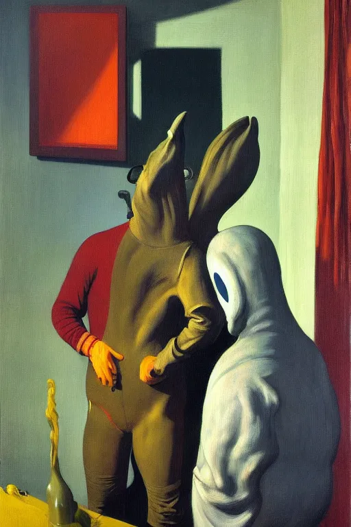 Image similar to man in horse costume, horse in costume astronaut, hauntingly surreal, highly detailed painting by francis bacon, edward hopper, adrian ghenie, gerhard richter, and james jean soft light 4 k,