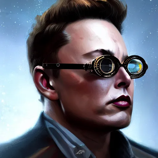 Prompt: a profile photo of a elon musk with steampunk glasses, side profile, D&D, sci-fi, elegant, sinister, muscular, highly detailed, digital painting, artstation, concept art, smooth, sharp focus, illustration