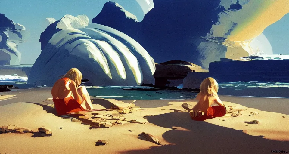 Image similar to clamshell seashell where a hermit girl lives, atmospheric cinematography by syd mead