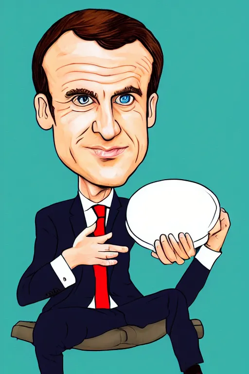 Image similar to Emmanuel Macron sitting on a huge pill of money, cartoon, white background