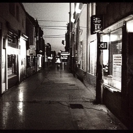 Prompt: an eerie photo of an a city of contradictions from the 1 9 9 0 s at night, disposable film