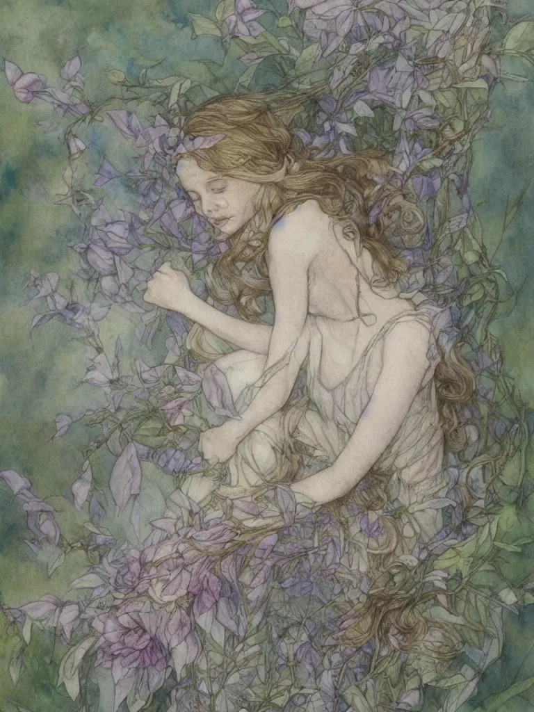 Image similar to study of a flower fairy, illustration, watercolor, alan lee, detailed, pretty, ethereal,