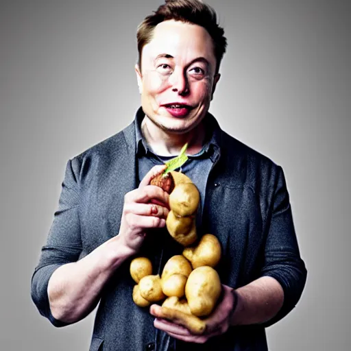 Prompt: elon musk surprised, mouth open wide, holding a potato, 4 k photography, highly detailed, portrait, cinematic lighting