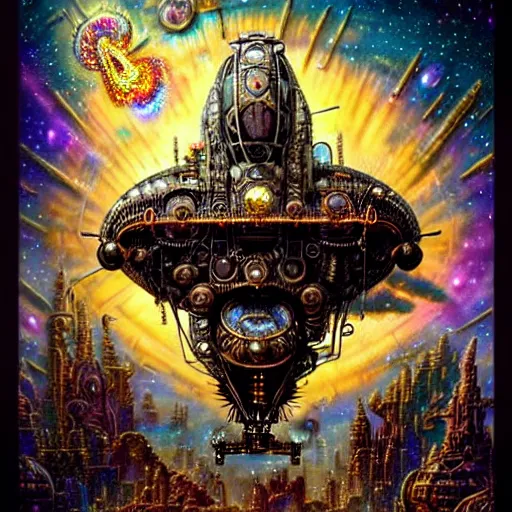 Prompt: intricate detailed post-apocalyptic futuristic jewel studded steampunk airship made of stars and galaxies. Lisa Frank, james gurney,dan luvisi,Petros Afshar,tim hildebrandt,liam wong,Mark Riddick,thomas kinkade,ernst haeckel,dan mumford,trending on artstation,josephine wall, WLOP ,cgsociety by Gediminas Pranckevicius, trending on cgsociety and DeviantArt