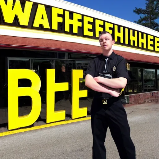 Prompt: wafflehouse employee's standing below wafflehouse sign, employees uniform is black and blue with yellow name tags-n 9