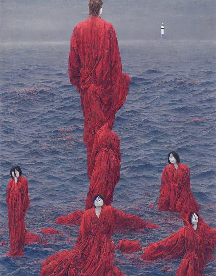 Prompt: worshippers in robes belonging to the cult of the lighthouse standing in waves, a lighthouse, high detailed Beksinski painting, part by Adrian Ghenie and Gerhard Richter. art by Takato Yamamoto. masterpiece, deep colours, red, blue